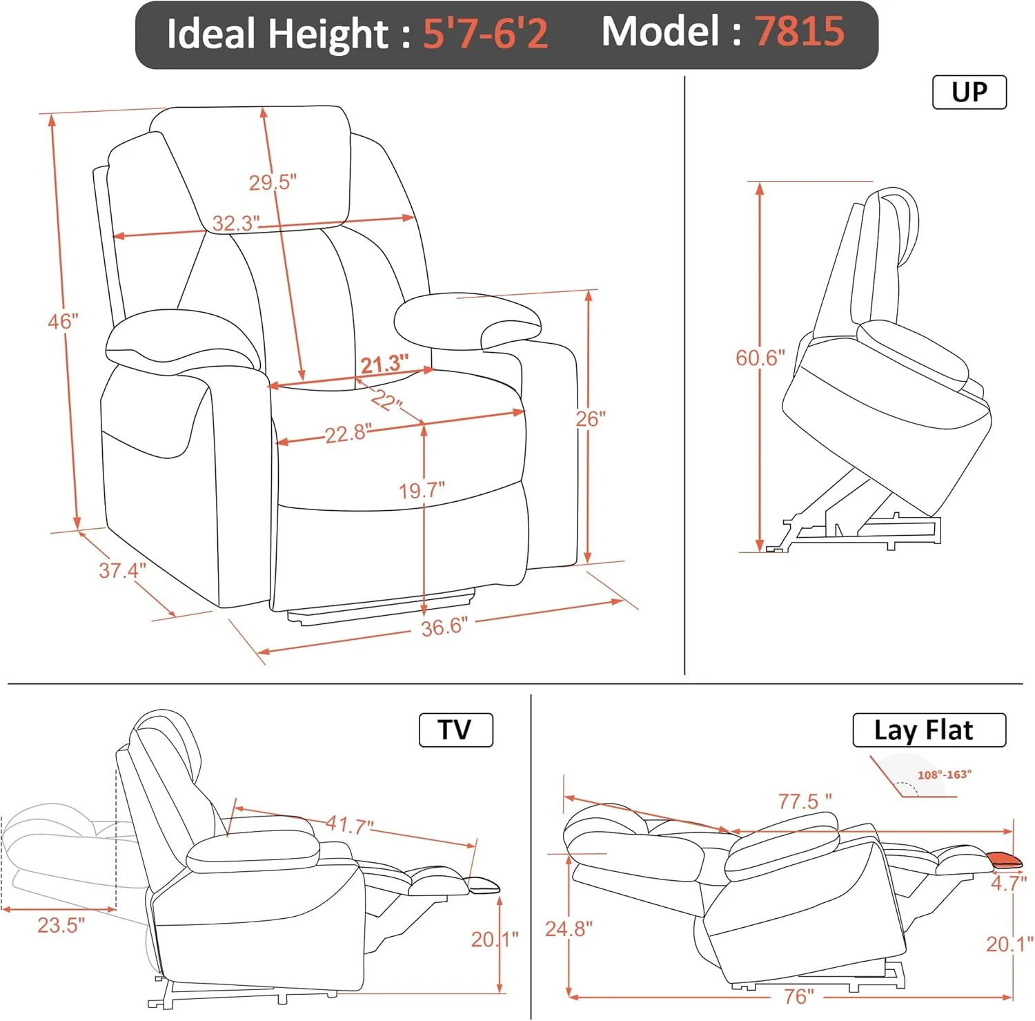 MCombo Large Lay Flat Dual Motor Power Lift Recliner Chair Sofa with Massage and Heat, USB Ports, Extended Footrest, for Elderly People, Infinite Position, Faux Leather 7815 (Dark Brown)
