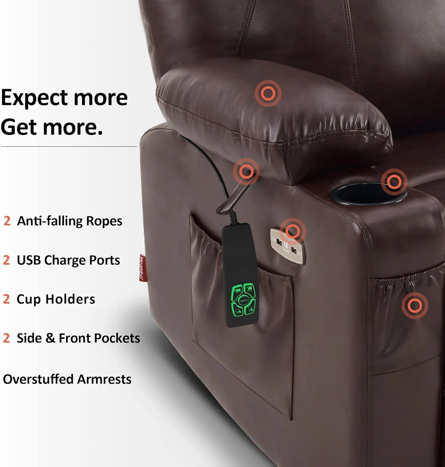 MCombo Large Lay Flat Dual Motor Power Lift Recliner Chair Sofa with Massage and Heat, USB Ports, Extended Footrest, for Elderly People, Infinite Position, Faux Leather 7815 (Dark Brown)