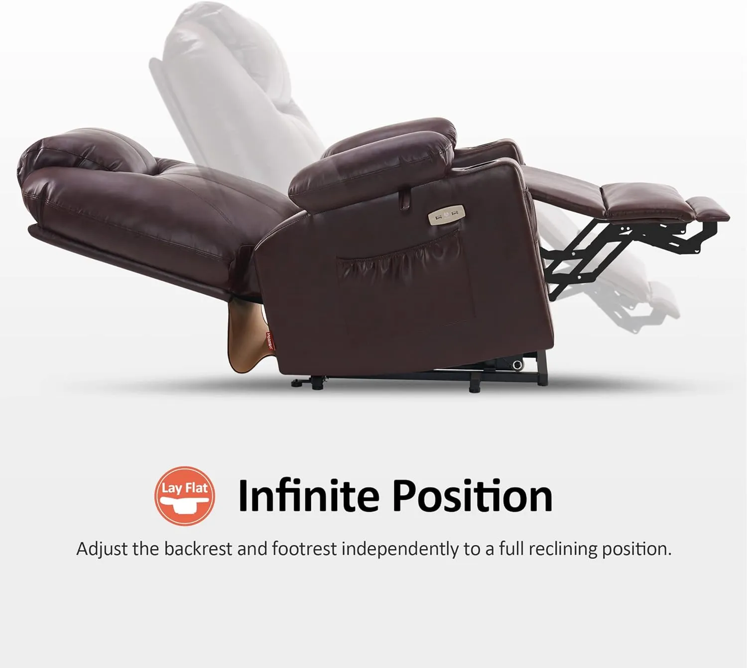 MCombo Large Lay Flat Dual Motor Power Lift Recliner Chair Sofa with Massage and Heat, USB Ports, Extended Footrest, for Elderly People, Infinite Position, Faux Leather 7815 (Dark Brown)