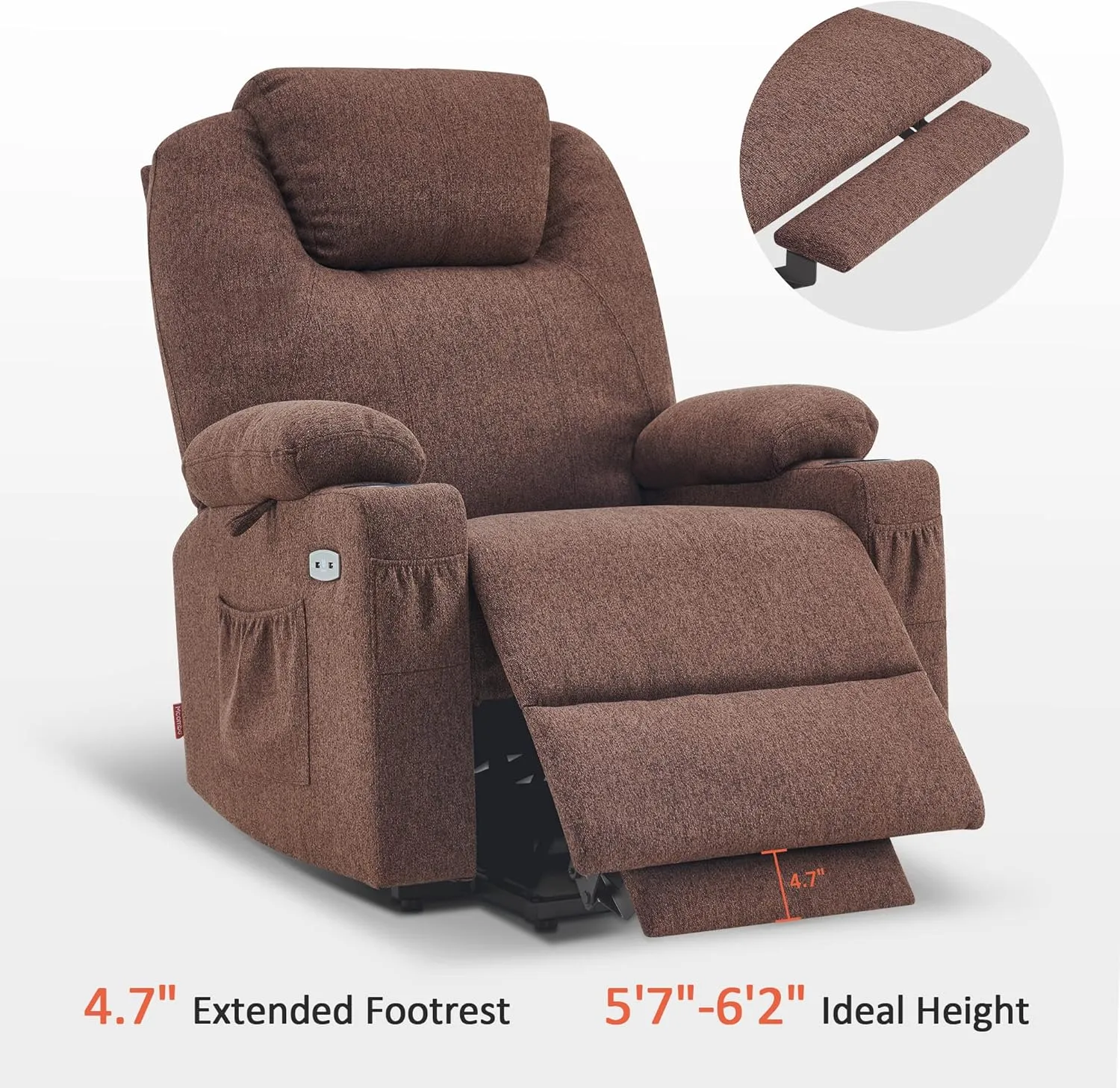 MCombo Large Power Lift Recliner Chair Sofa with Massage and Heat for Big and Tall Elderly People, 3 Positions and USB Ports, Extended Footrest, Fabric 7516 (Large, Coffee)