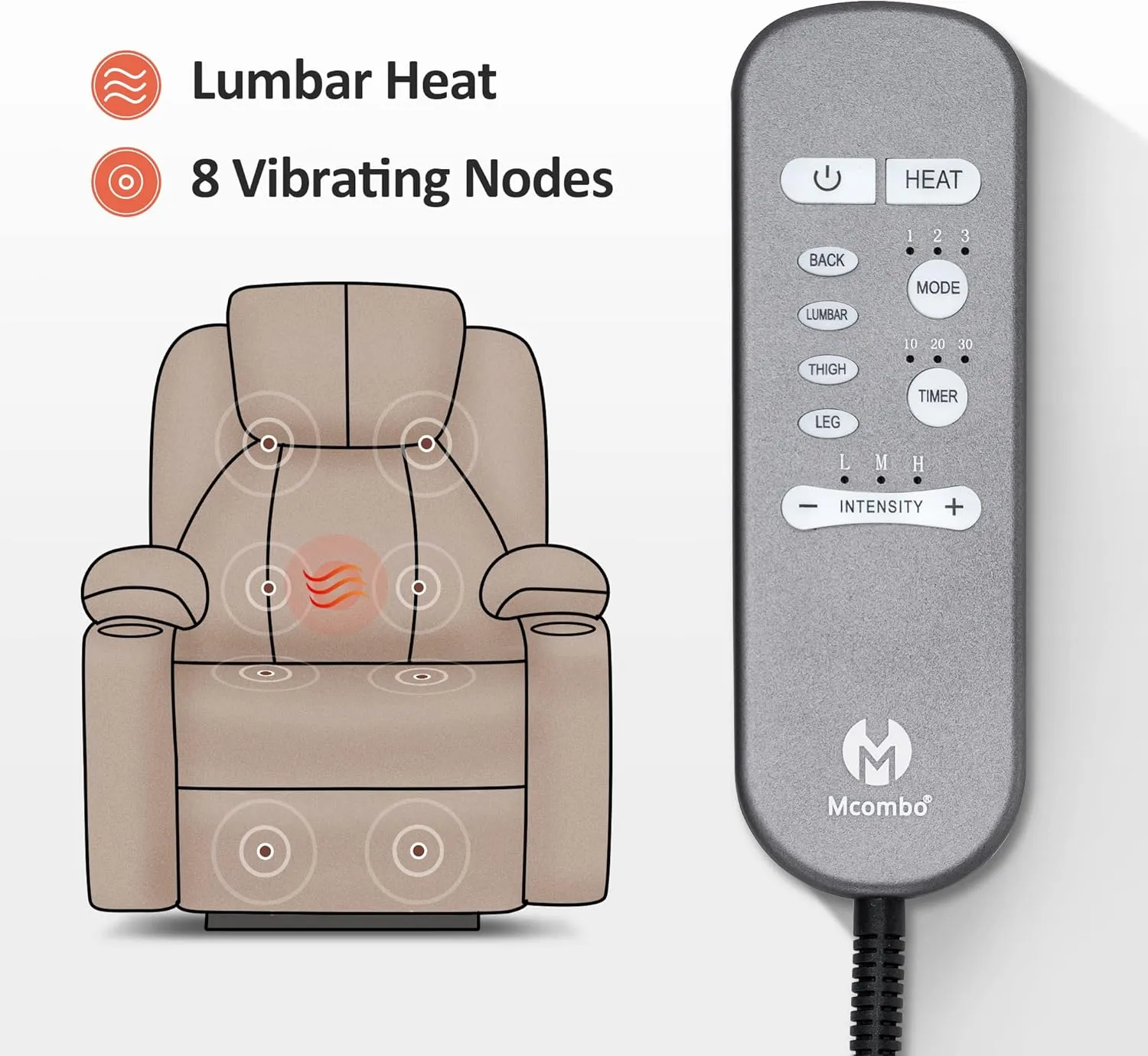 MCombo Large Power Lift Recliner Chair Sofa with Massage and Heat for Big and Tall Elderly People, 3 Positions and USB Ports, Extended Footrest, Fabric 7516 (Large, Coffee)