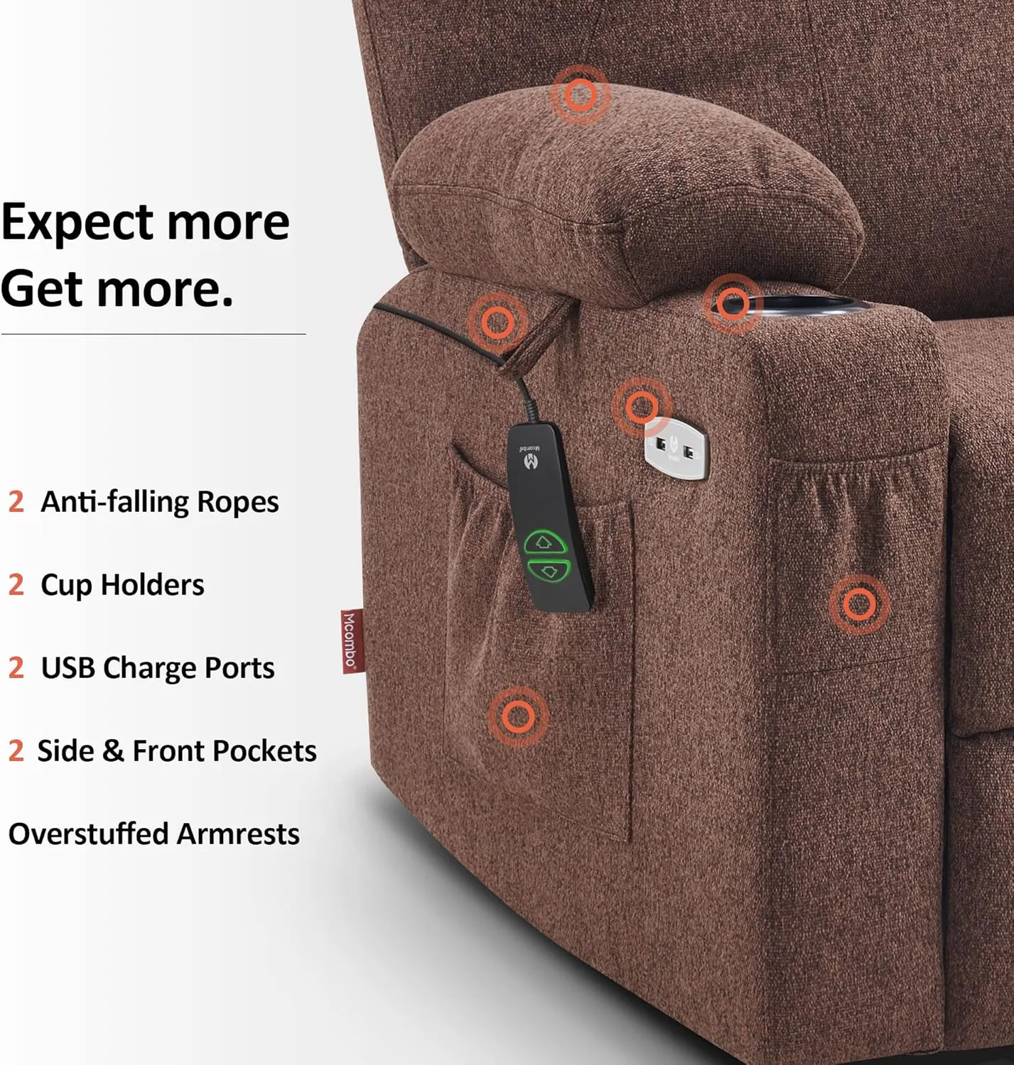 MCombo Large Power Lift Recliner Chair Sofa with Massage and Heat for Big and Tall Elderly People, 3 Positions and USB Ports, Extended Footrest, Fabric 7516 (Large, Coffee)