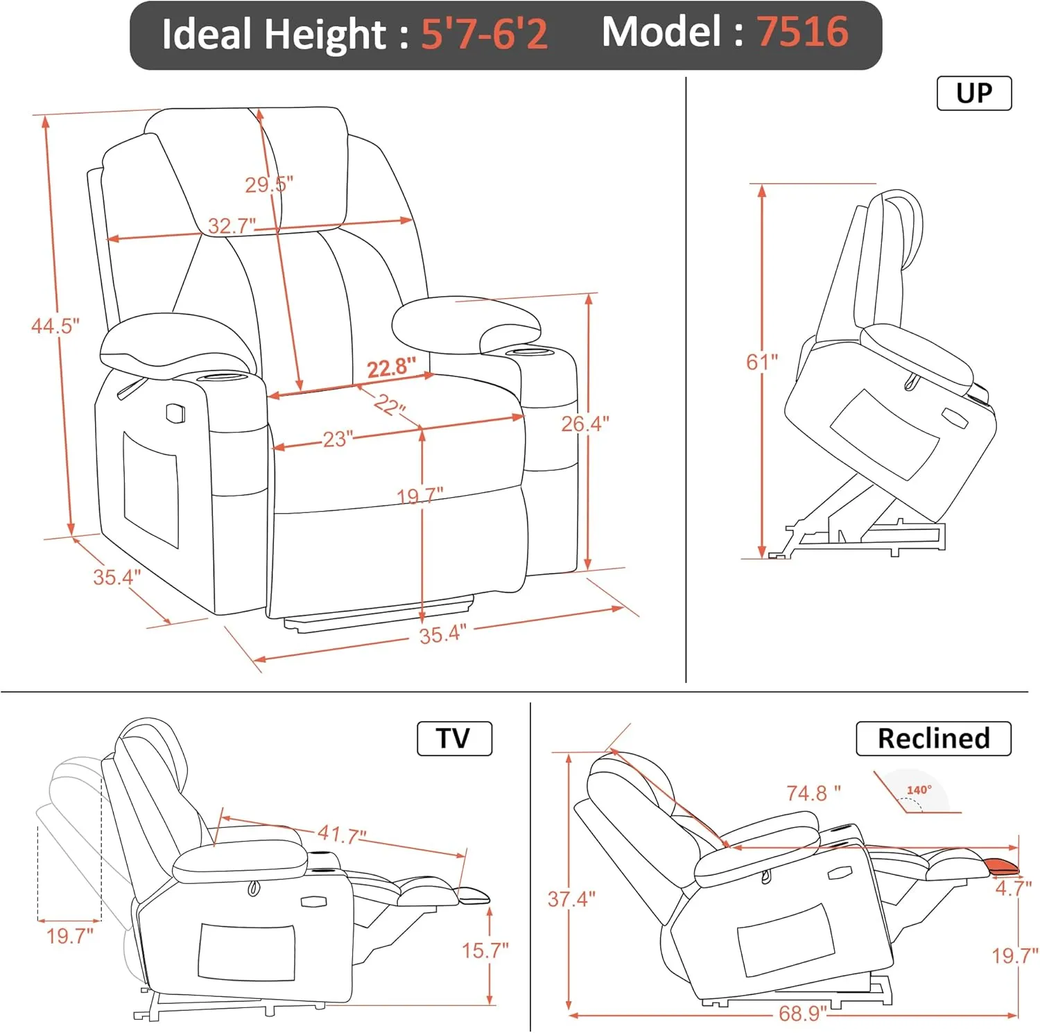 MCombo Large Power Lift Recliner Chair Sofa with Massage and Heat for Big and Tall Elderly People, 3 Positions and USB Ports, Extended Footrest, Fabric 7516 (Large, Coffee)