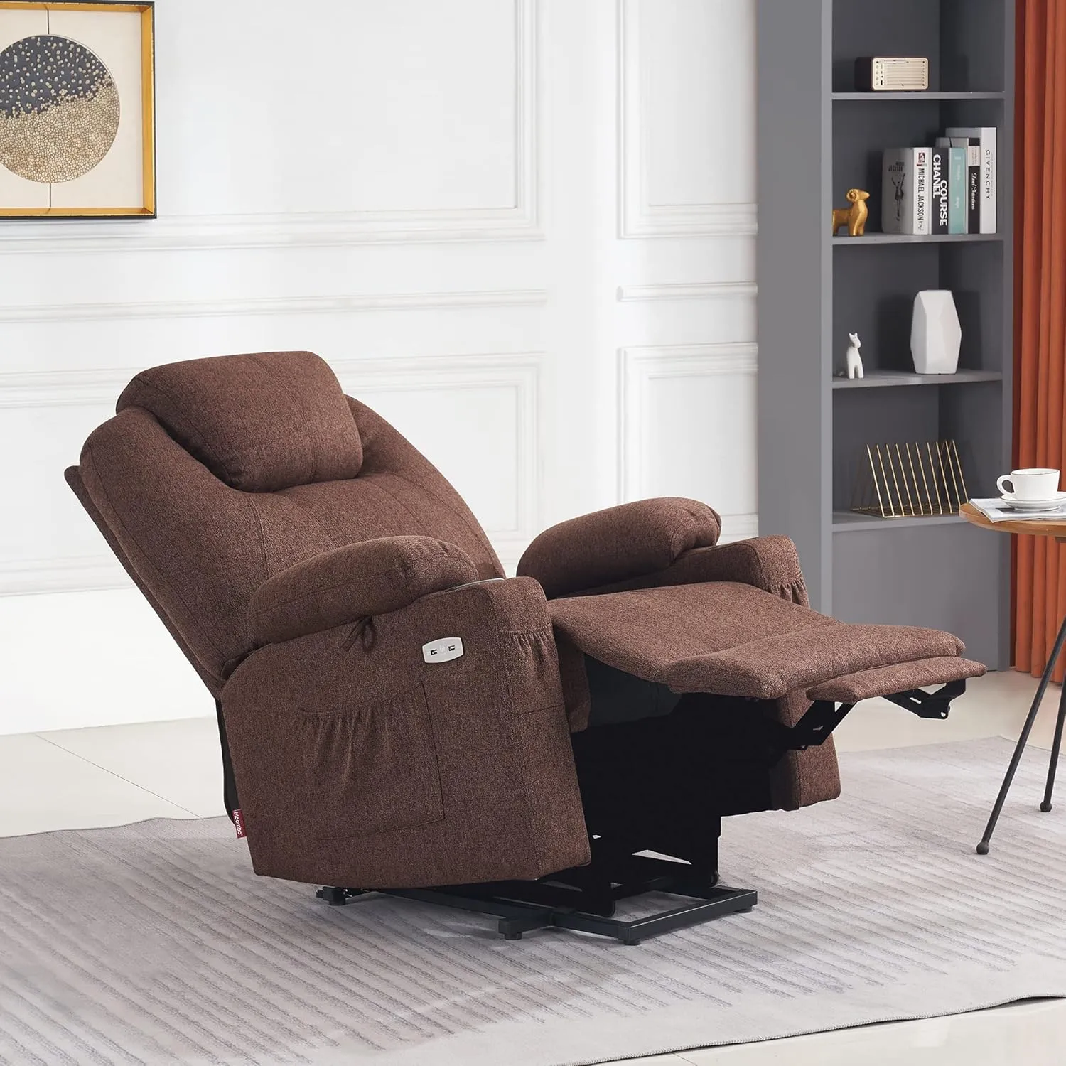 MCombo Large Power Lift Recliner Chair Sofa with Massage and Heat for Big and Tall Elderly People, 3 Positions and USB Ports, Extended Footrest, Fabric 7516 (Large, Coffee)