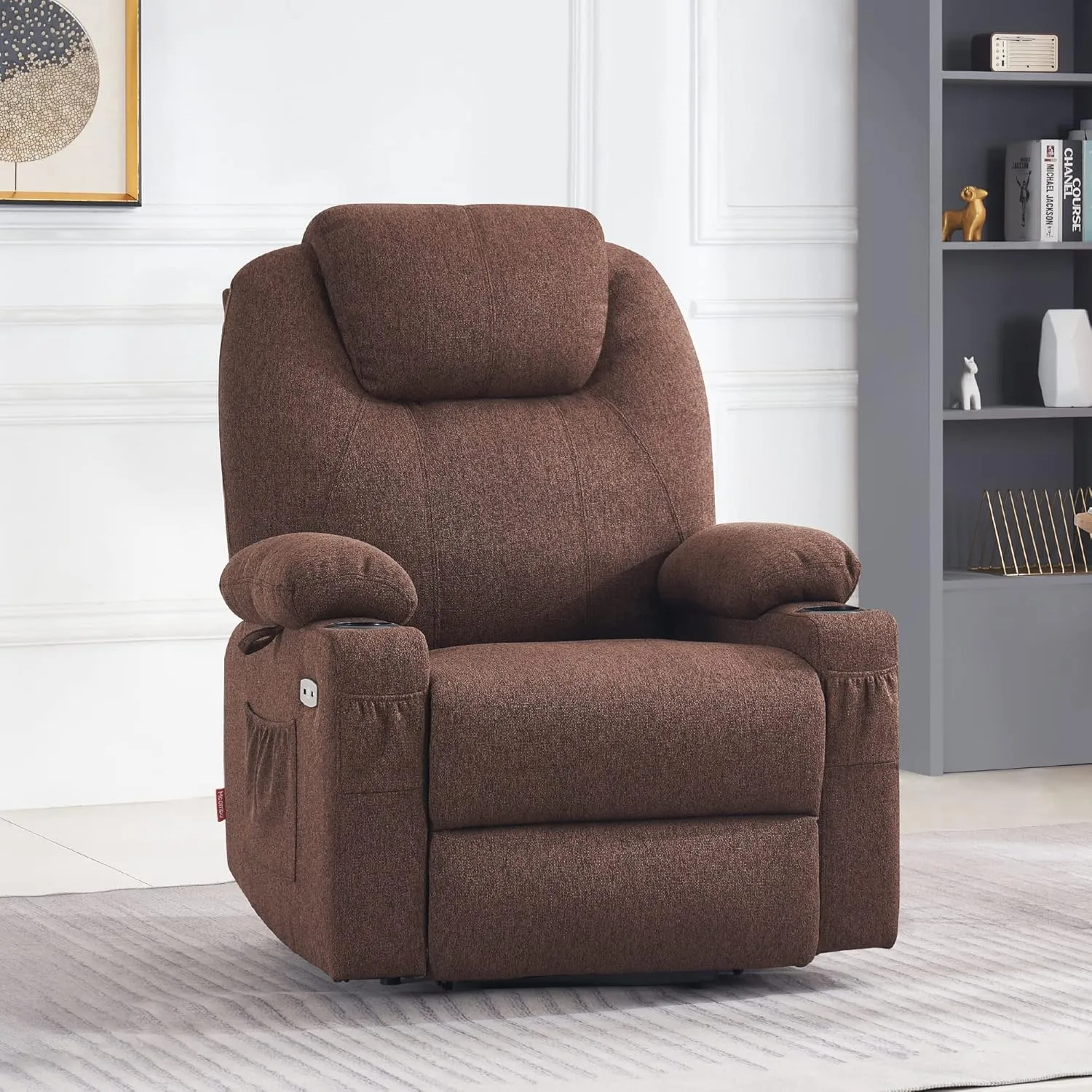 MCombo Large Power Lift Recliner Chair Sofa with Massage and Heat for Big and Tall Elderly People, 3 Positions and USB Ports, Extended Footrest, Fabric 7516 (Large, Coffee)