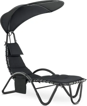 MCombo Outdoor Steel Chaise Lounge Chair with Removable Canopy and Cushions, Reclining Chair w/Side Pocket Arc Stand, for Beach Poolside Backyard Balcony Porch, 4097 (Black)