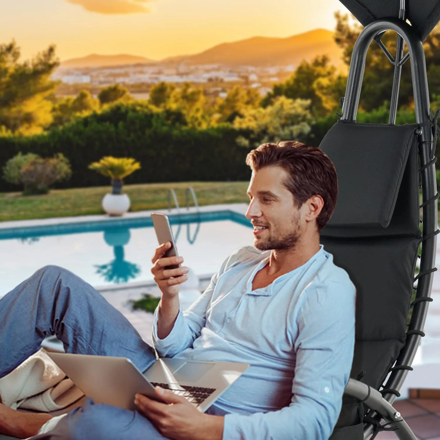 MCombo Outdoor Steel Chaise Lounge Chair with Removable Canopy and Cushions, Reclining Chair w/Side Pocket Arc Stand, for Beach Poolside Backyard Balcony Porch, 4097 (Black)