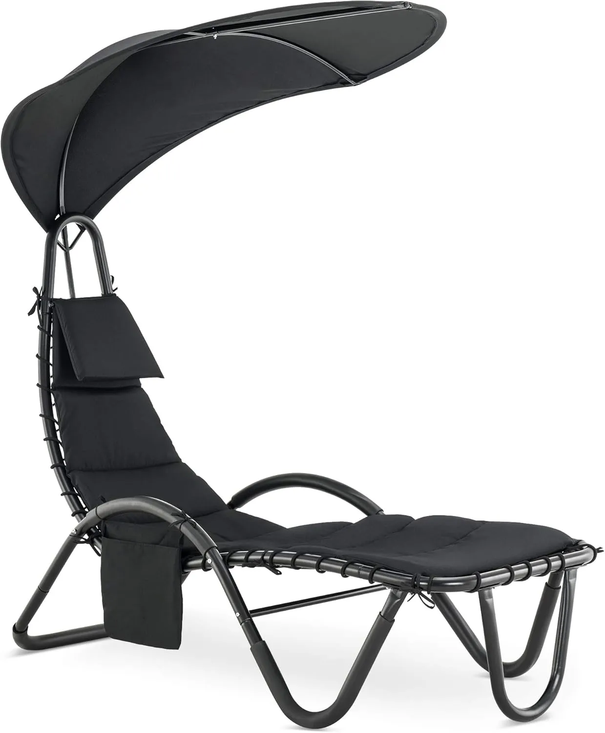 MCombo Outdoor Steel Chaise Lounge Chair with Removable Canopy and Cushions, Reclining Chair w/Side Pocket Arc Stand, for Beach Poolside Backyard Balcony Porch, 4097 (Black)