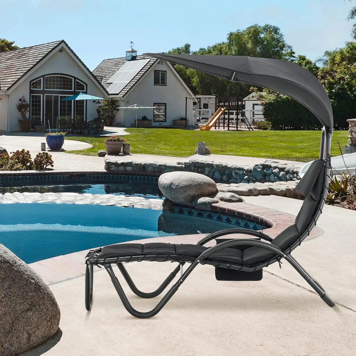 MCombo Outdoor Steel Chaise Lounge Chair with Removable Canopy and Cushions, Reclining Chair w/Side Pocket Arc Stand, for Beach Poolside Backyard Balcony Porch, 4097 (Black)