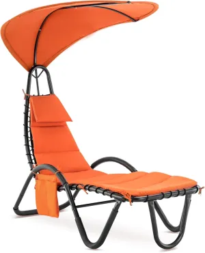MCombo Outdoor Steel Chaise Lounge Chair with Removable Canopy and Cushions, Reclining Chair w/Side Pocket Arc Stand, for Beach Poolside Backyard Balcony Porch, 4097 (Orange)