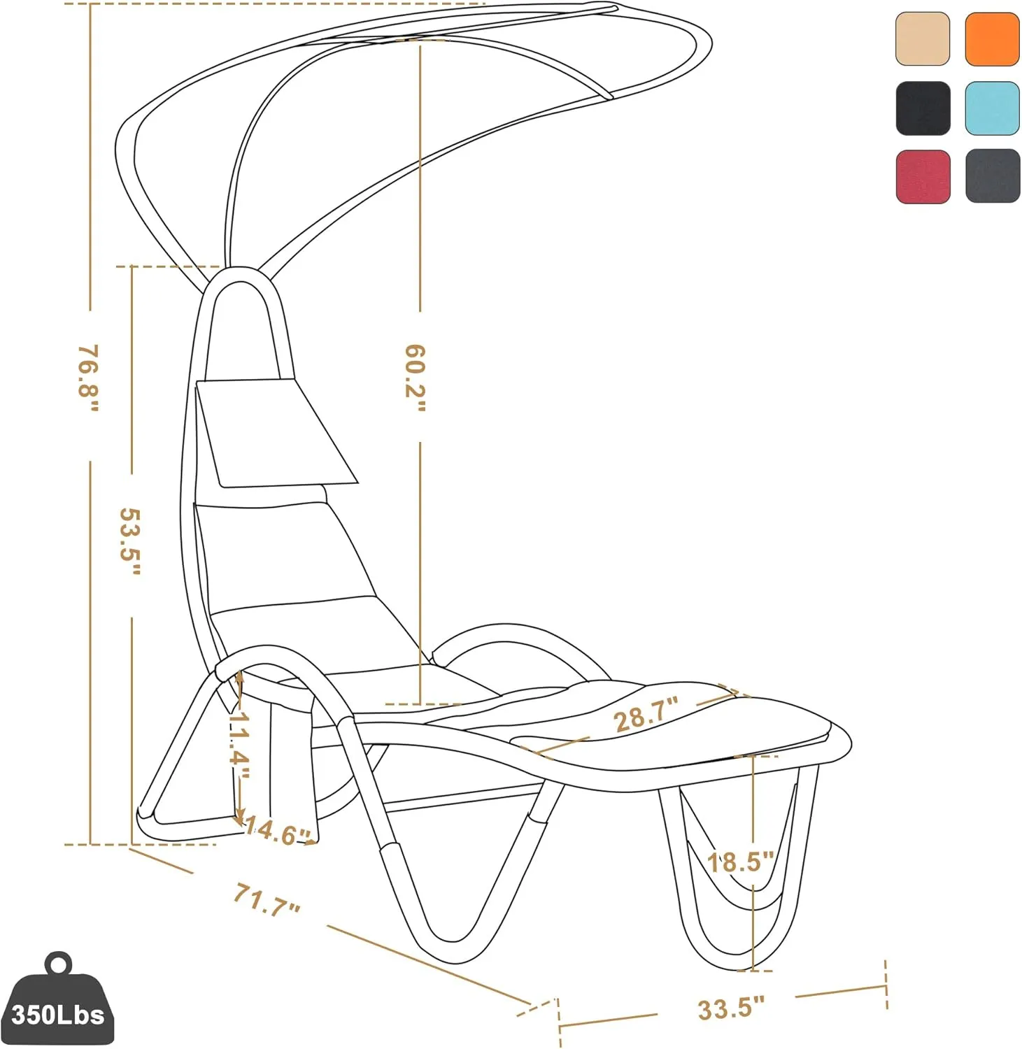 MCombo Outdoor Steel Chaise Lounge Chair with Removable Canopy and Cushions, Reclining Chair w/Side Pocket Arc Stand, for Beach Poolside Backyard Balcony Porch, 4097 (Orange)