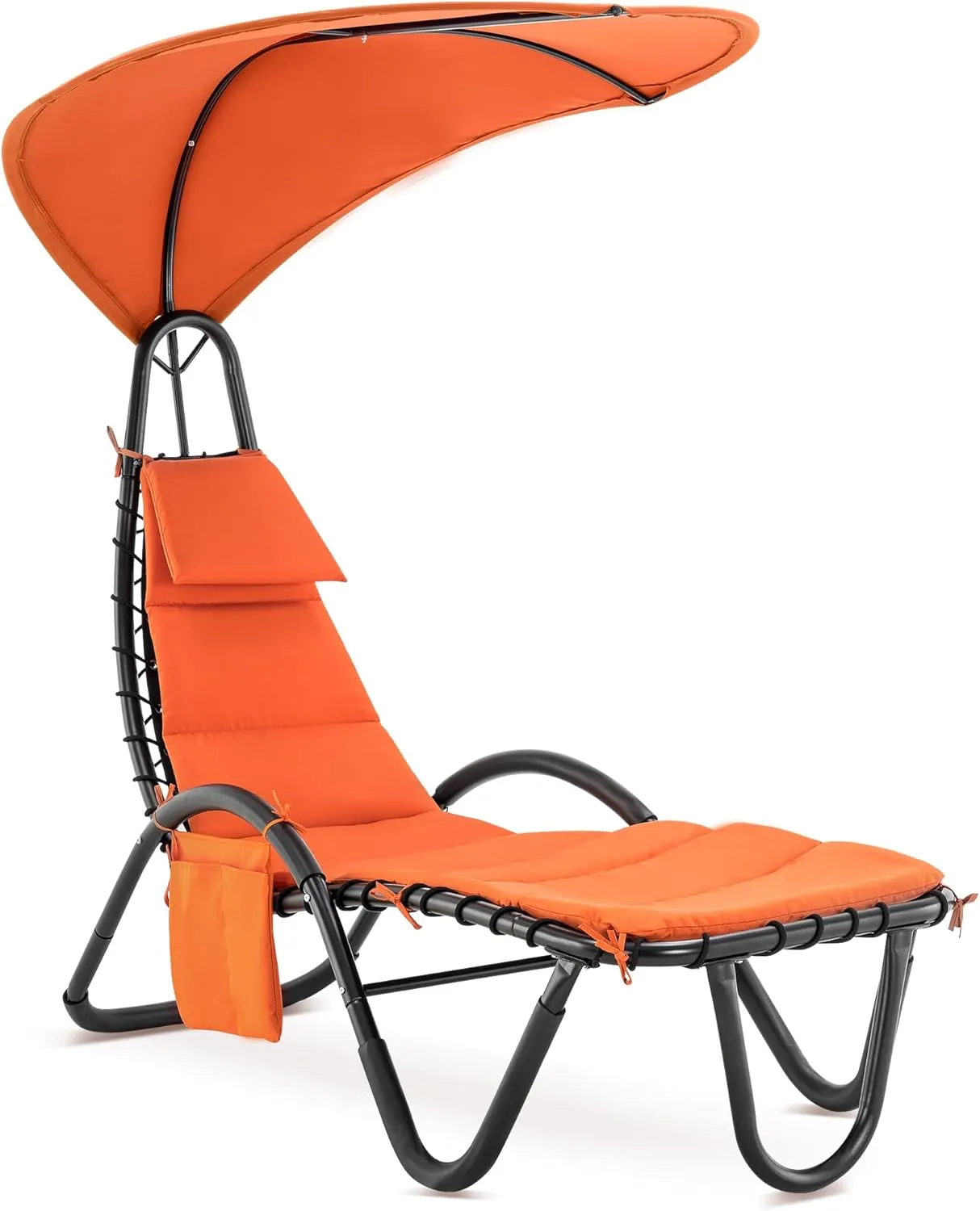 MCombo Outdoor Steel Chaise Lounge Chair with Removable Canopy and Cushions, Reclining Chair w/Side Pocket Arc Stand, for Beach Poolside Backyard Balcony Porch, 4097 (Orange)