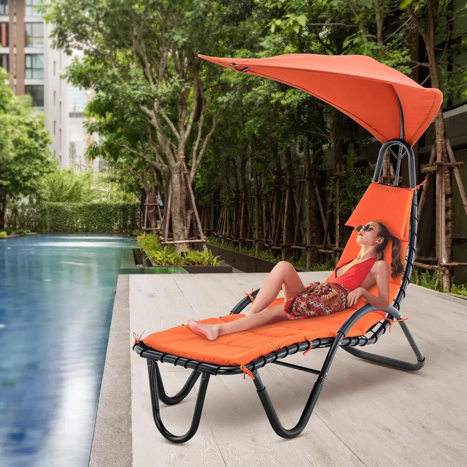 MCombo Outdoor Steel Chaise Lounge Chair with Removable Canopy and Cushions, Reclining Chair w/Side Pocket Arc Stand, for Beach Poolside Backyard Balcony Porch, 4097 (Orange)