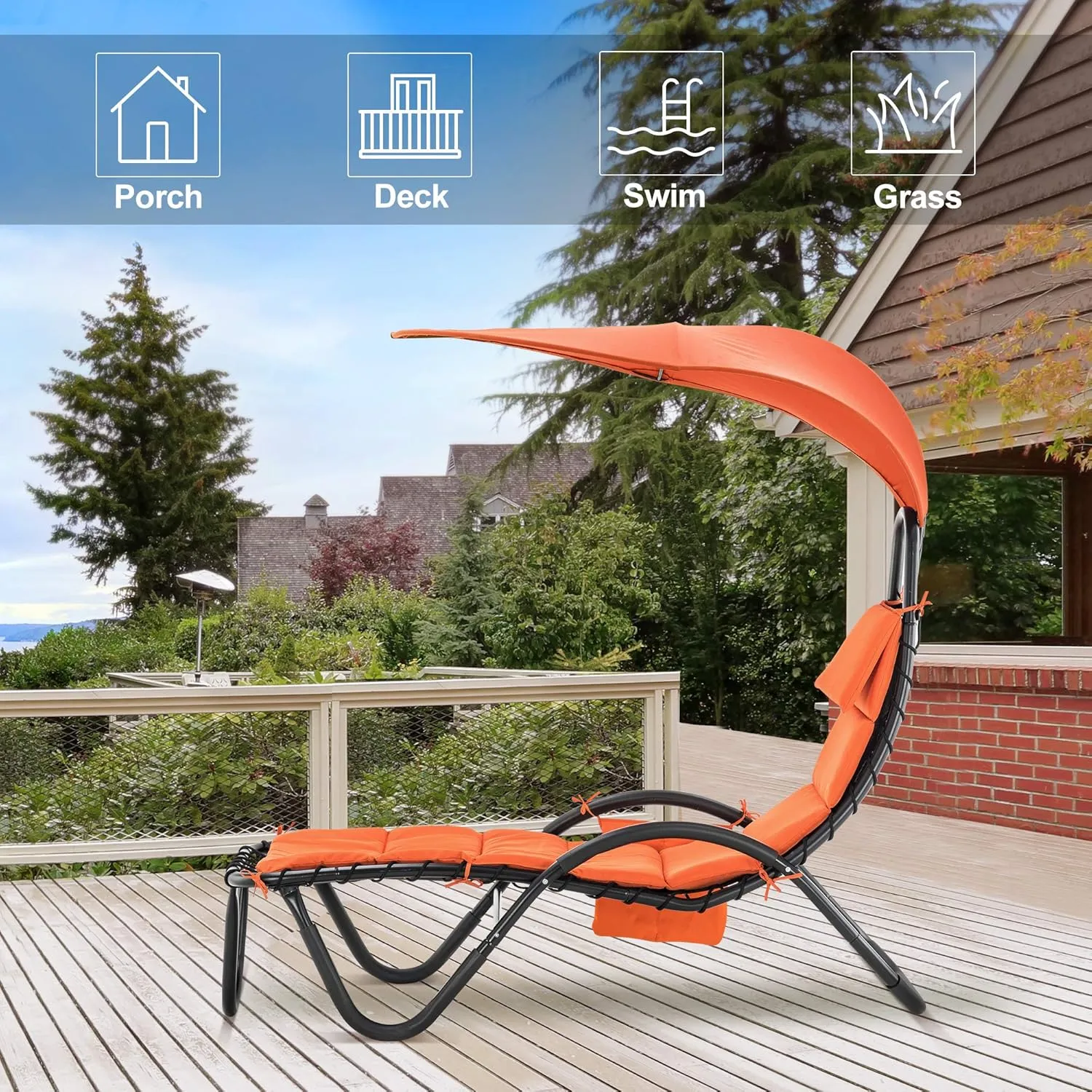 MCombo Outdoor Steel Chaise Lounge Chair with Removable Canopy and Cushions, Reclining Chair w/Side Pocket Arc Stand, for Beach Poolside Backyard Balcony Porch, 4097 (Orange)