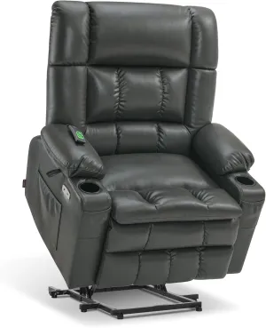 MCombo Oversized Dual Motor Power Lift Recliner Chair Sofa with Massage and Heat for Big Elderly People, Infinite Position, USB&Type-C Ports, Faux Leather R7891 (Grey, Oversized)