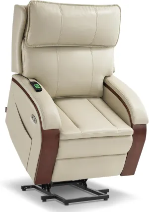 MCombo Power Lift Recliner Chair Sofa with Massage and Heat, Adjustable Headrest for Elderly People, Solid Wood Armrest, USB Ports, Side Pockets, Faux Leather 7917 (Cream White, Medium)