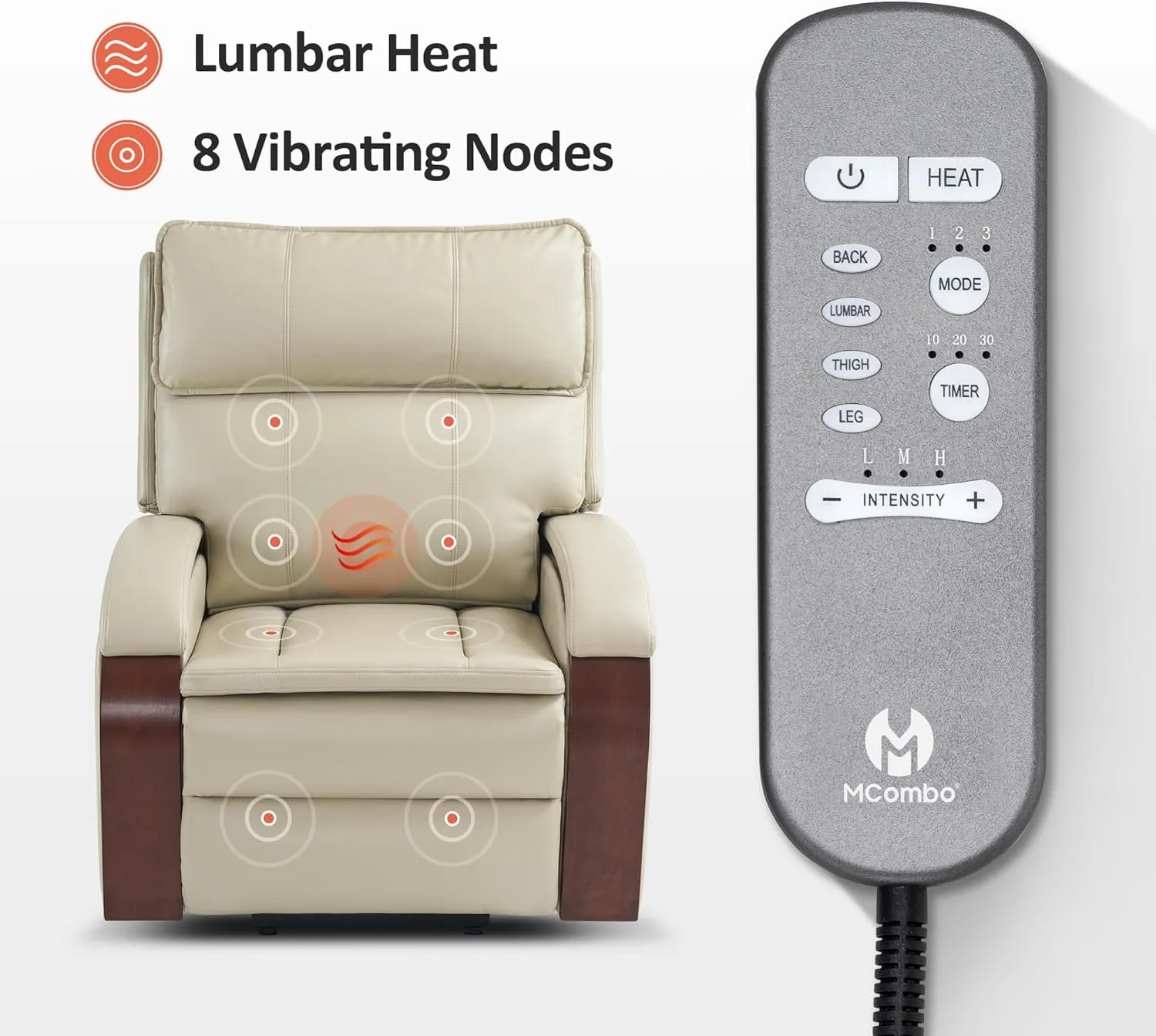 MCombo Power Lift Recliner Chair Sofa with Massage and Heat, Adjustable Headrest for Elderly People, Solid Wood Armrest, USB Ports, Side Pockets, Faux Leather 7917 (Cream White, Medium)
