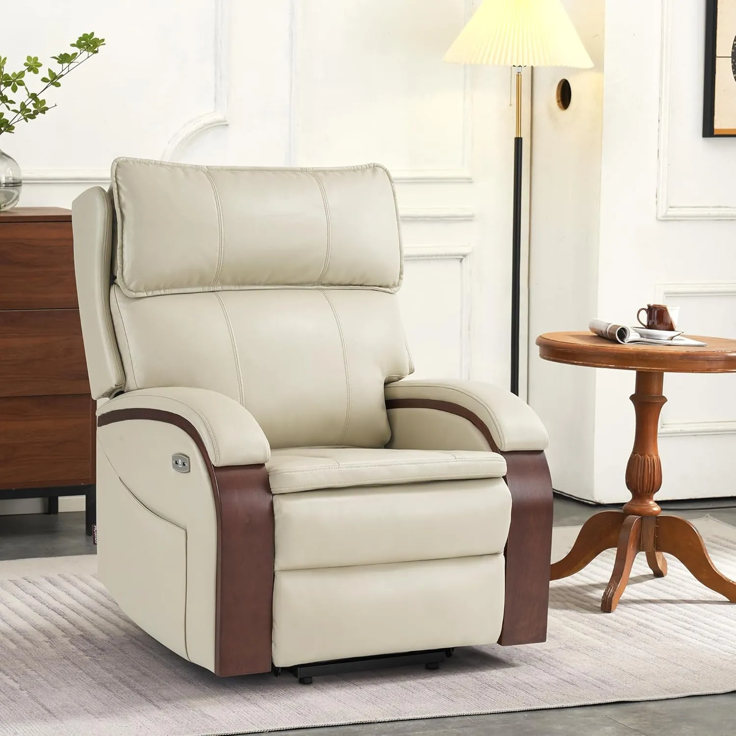 MCombo Power Lift Recliner Chair Sofa with Massage and Heat, Adjustable Headrest for Elderly People, Solid Wood Armrest, USB Ports, Side Pockets, Faux Leather 7917 (Cream White, Medium)
