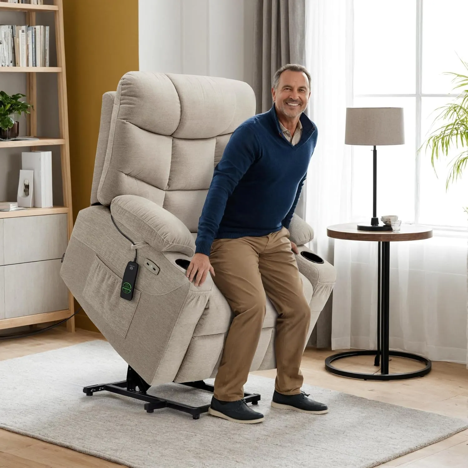 MCombo Power Lift Recliner Chair with Extended Footrest for Elderly People, Fabric 7287 (Oatmeal, Medium-Regular)