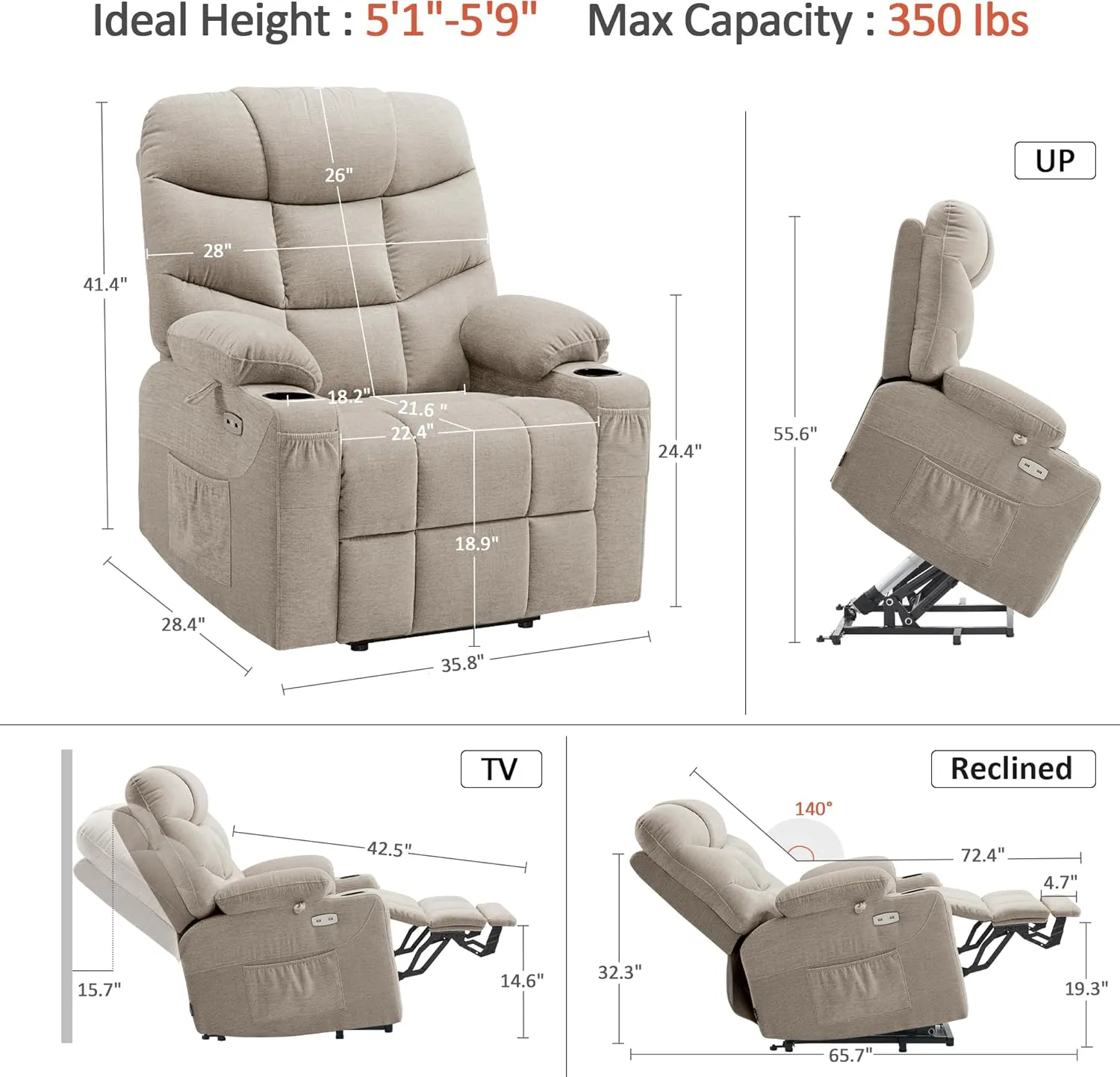 MCombo Power Lift Recliner Chair with Extended Footrest for Elderly People, Fabric 7287 (Oatmeal, Medium-Regular)