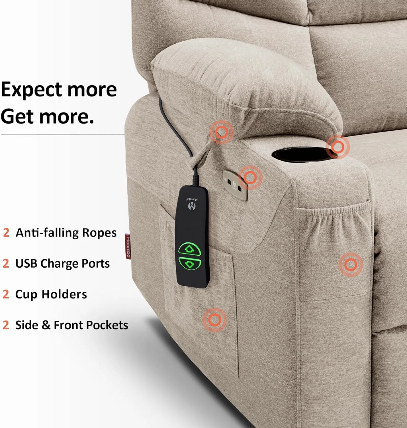 MCombo Power Lift Recliner Chair with Extended Footrest for Elderly People, Fabric 7287 (Oatmeal, Medium-Regular)