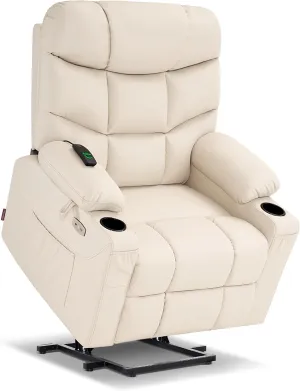 MCombo Power Lift Recliner Chair with Extended Footrest for Elderly People, Faux Leather 7287 (Cream White, Medium-Regular)
