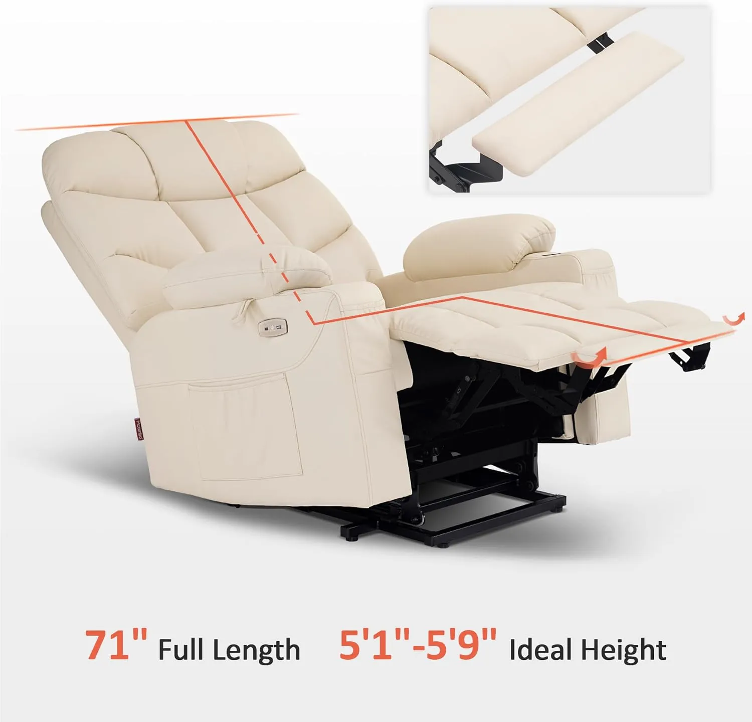 MCombo Power Lift Recliner Chair with Extended Footrest for Elderly People, Faux Leather 7287 (Cream White, Medium-Regular)