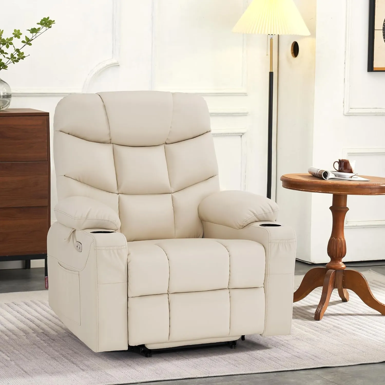 MCombo Power Lift Recliner Chair with Extended Footrest for Elderly People, Faux Leather 7287 (Cream White, Medium-Regular)