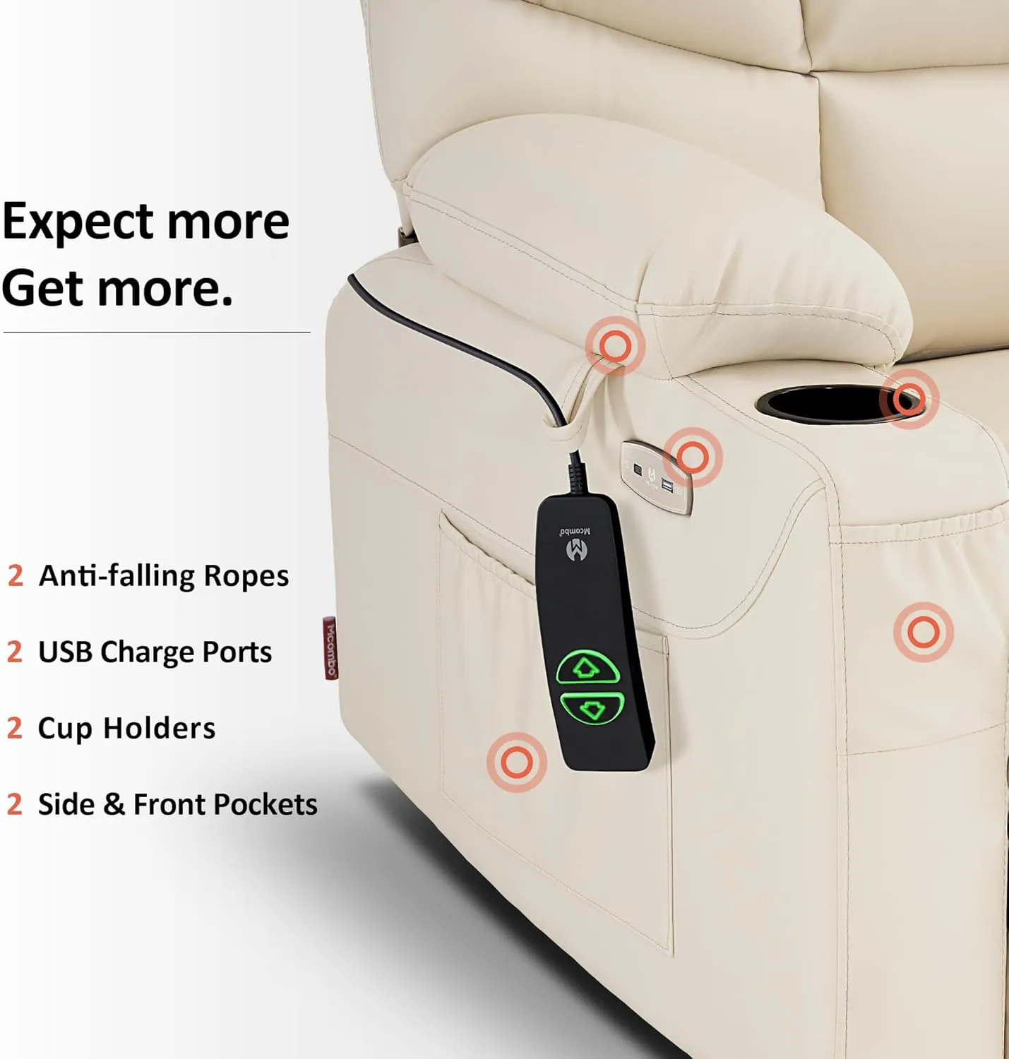 MCombo Power Lift Recliner Chair with Extended Footrest for Elderly People, Faux Leather 7287 (Cream White, Medium-Regular)
