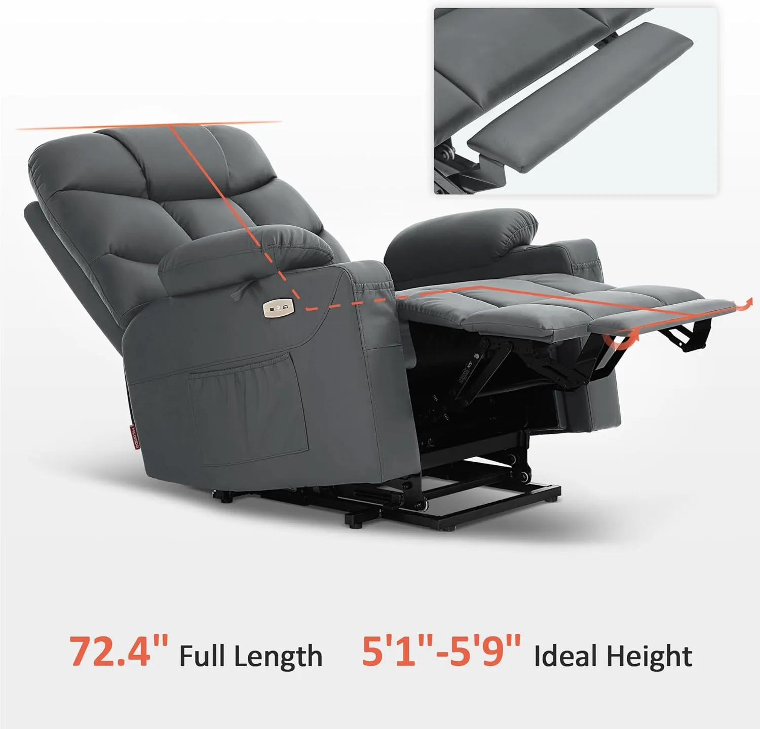MCombo Power Lift Recliner Chair with Extended Footrest for Elderly People, Faux Leather 7287 (Dark Grey, Medium-Regular)