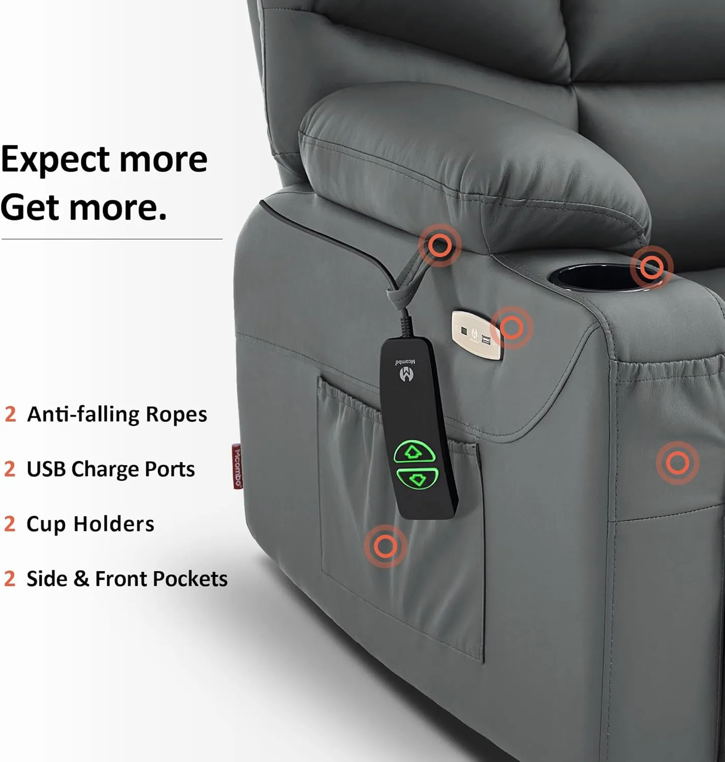 MCombo Power Lift Recliner Chair with Extended Footrest for Elderly People, Faux Leather 7287 (Dark Grey, Medium-Regular)