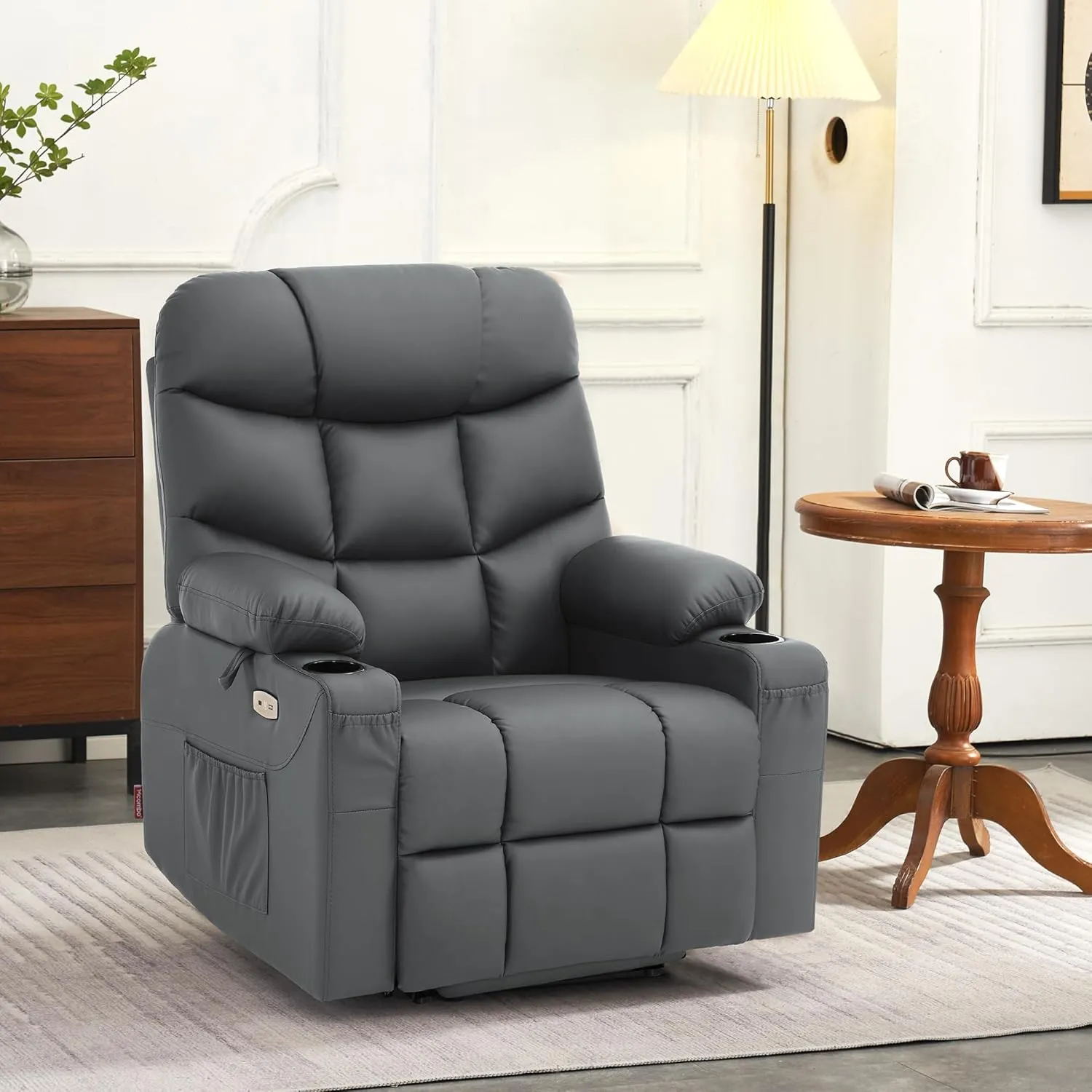 MCombo Power Lift Recliner Chair with Extended Footrest for Elderly People, Faux Leather 7287 (Dark Grey, Medium-Regular)