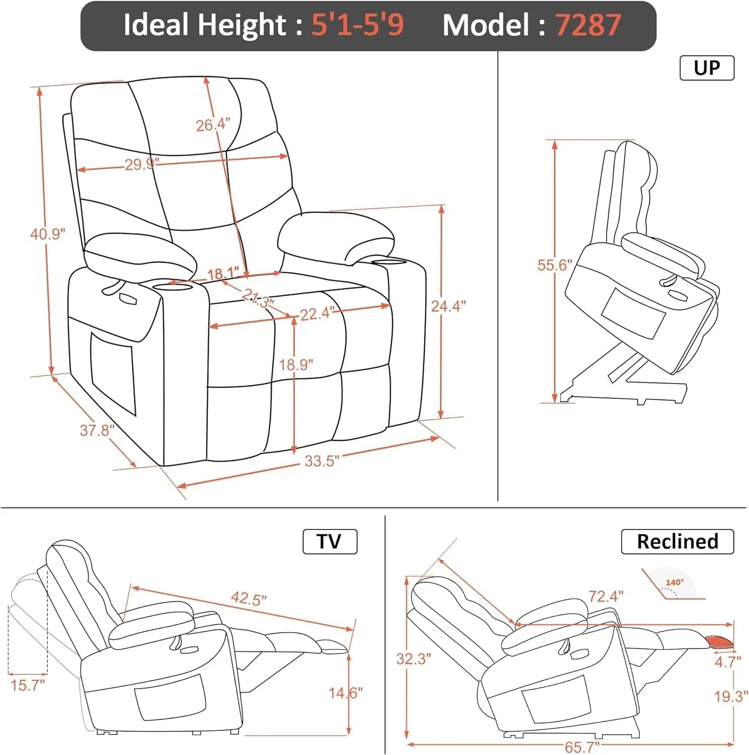 MCombo Power Lift Recliner Chair with Extended Footrest for Elderly People, Faux Leather 7287 (Dark Grey, Medium-Regular)
