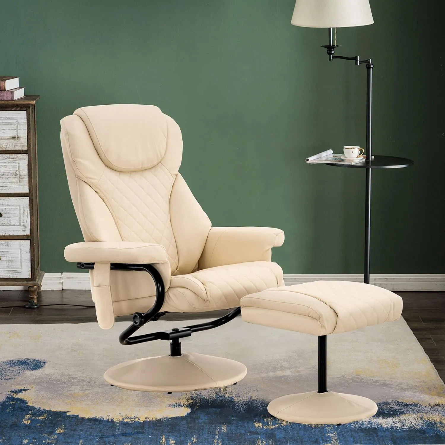 MCombo Recliner with Ottoman, Reclining Chair with Massage, 360 Swivel Living Room Chair Faux Leather, 4901 (Cream White)