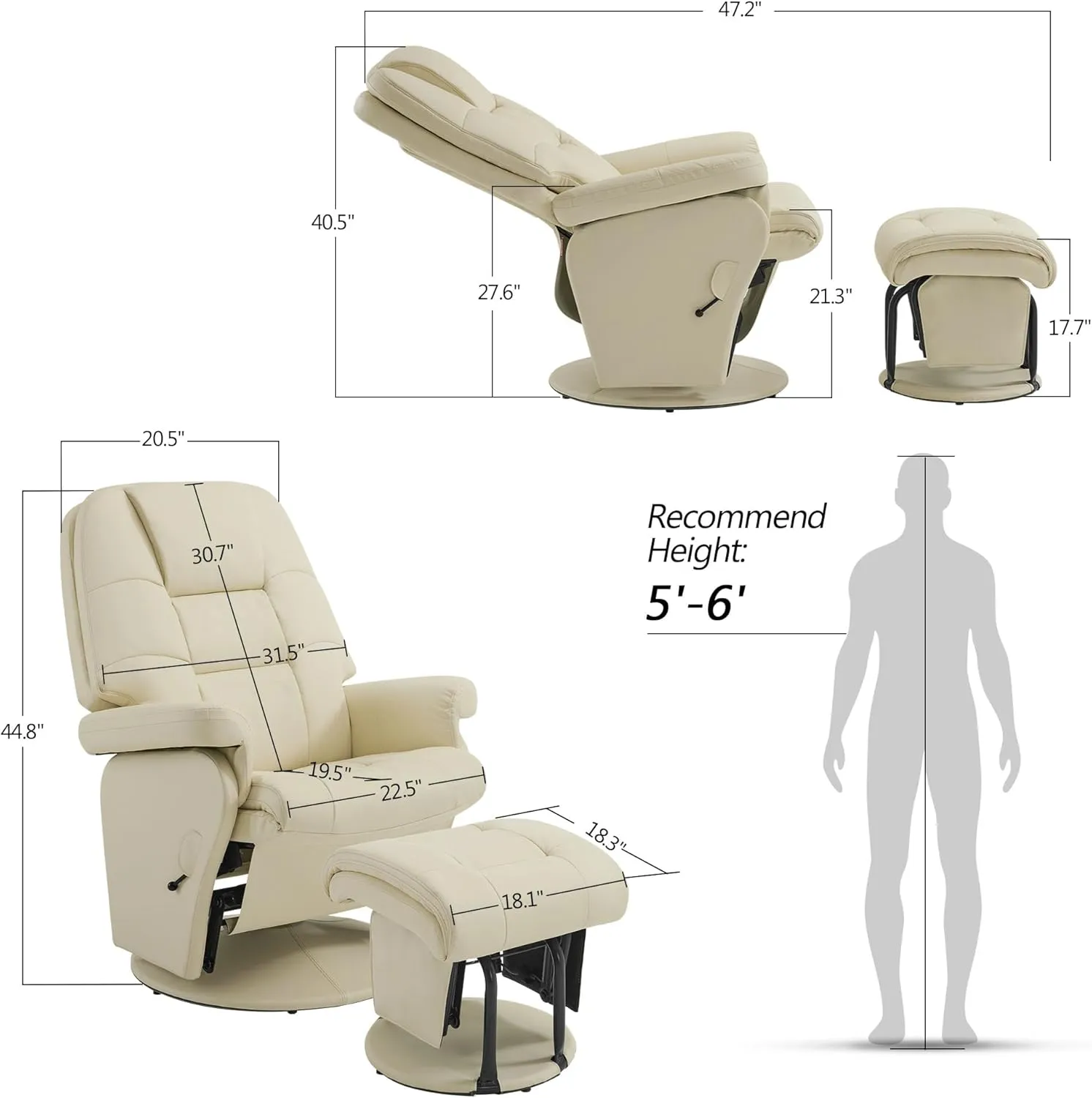 MCombo Swivel Glider Recliner with Ottoman, Reclining Chair with Adjustable Back, Faux Leather Upholstered Lounge Chair for Living Room Bedroom 4800 (Cream White)