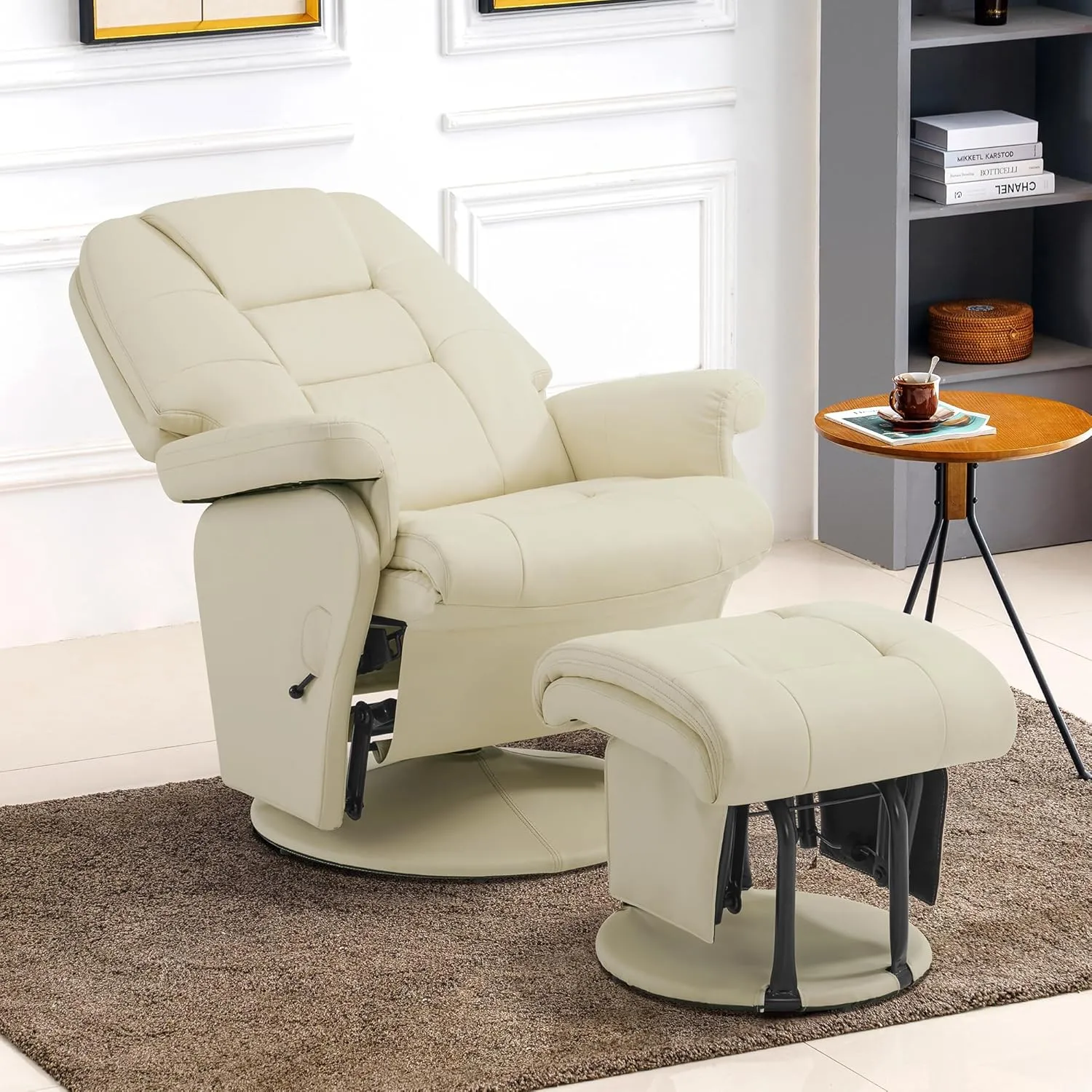MCombo Swivel Glider Recliner with Ottoman, Reclining Chair with Adjustable Back, Faux Leather Upholstered Lounge Chair for Living Room Bedroom 4800 (Cream White)