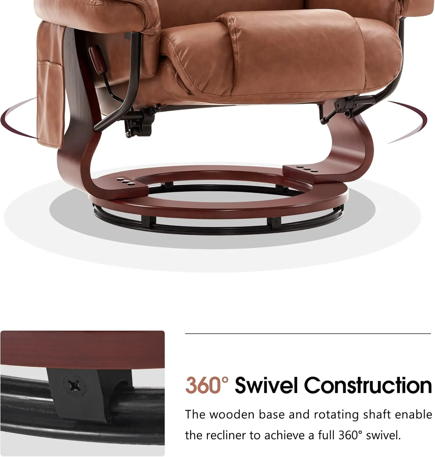 MCombo Swivel Recliners with Ottoman, Reclining TV Chairs with Vibration Massage, Faux Leather Ergonomic Lounge Chair for Living Room Bedroom 4832 (Saddle)