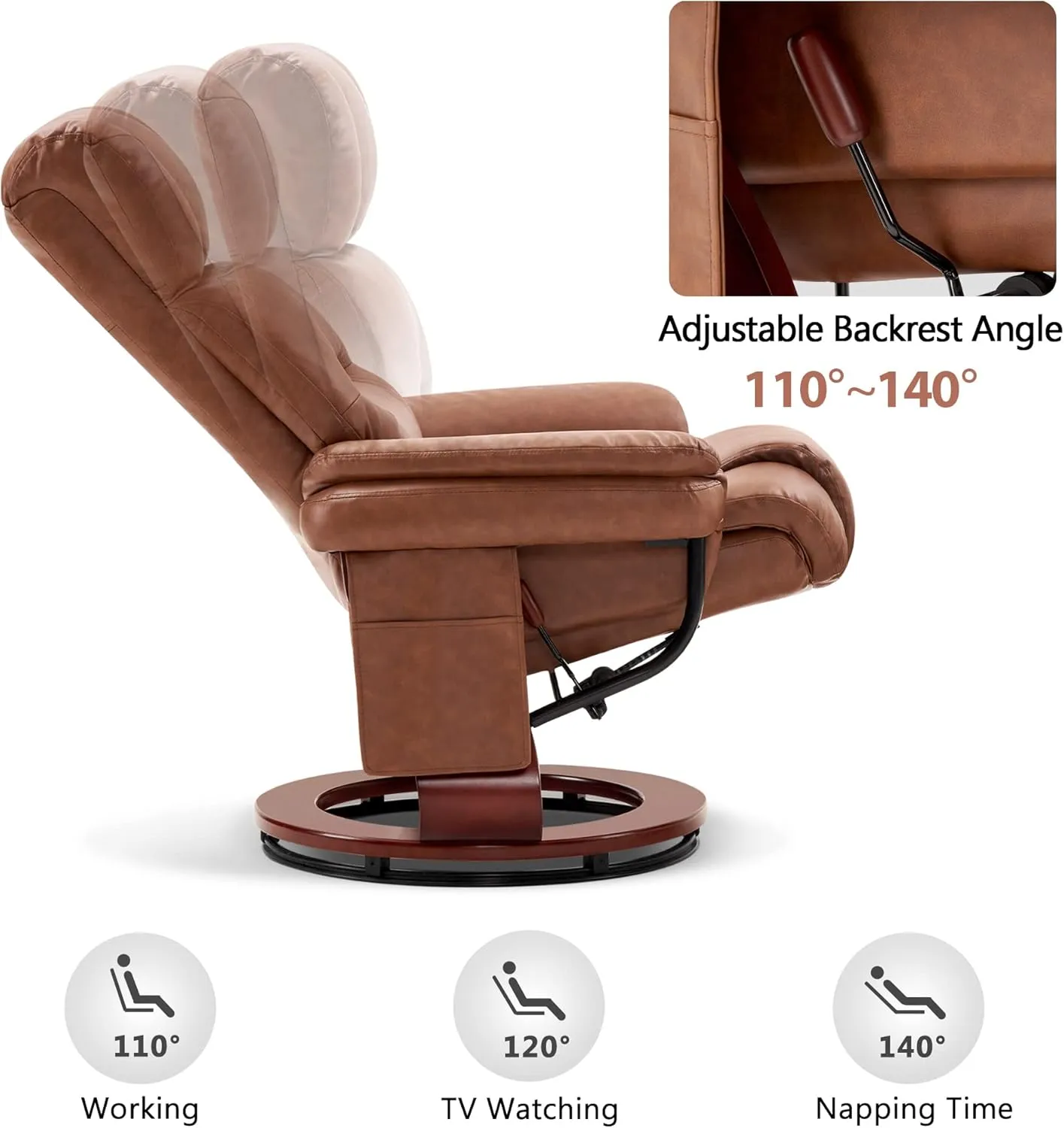 MCombo Swivel Recliners with Ottoman, Reclining TV Chairs with Vibration Massage, Faux Leather Ergonomic Lounge Chair for Living Room Bedroom 4832 (Saddle)