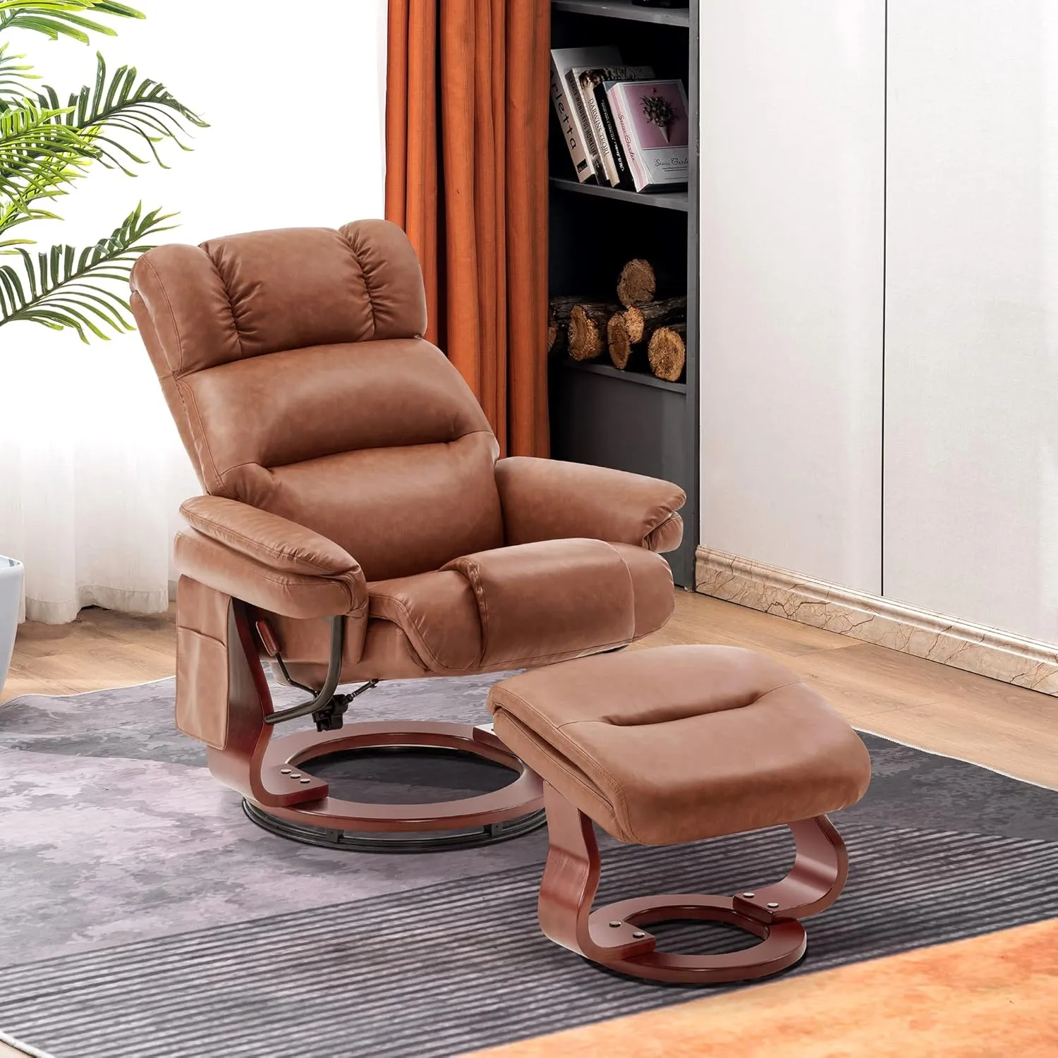 MCombo Swivel Recliners with Ottoman, Reclining TV Chairs with Vibration Massage, Faux Leather Ergonomic Lounge Chair for Living Room Bedroom 4832 (Saddle)
