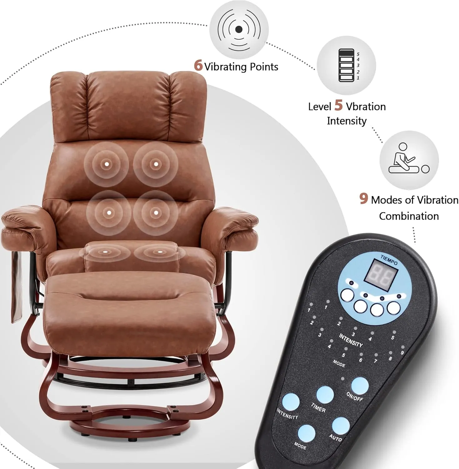 MCombo Swivel Recliners with Ottoman, Reclining TV Chairs with Vibration Massage, Faux Leather Ergonomic Lounge Chair for Living Room Bedroom 4832 (Saddle)