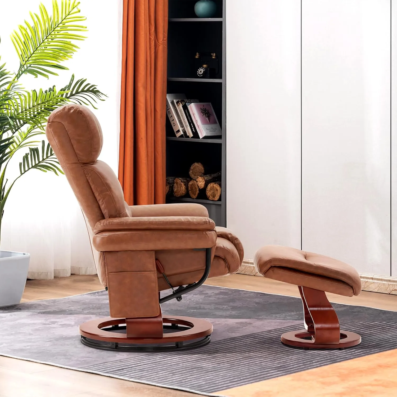 MCombo Swivel Recliners with Ottoman, Reclining TV Chairs with Vibration Massage, Faux Leather Ergonomic Lounge Chair for Living Room Bedroom 4832 (Saddle)