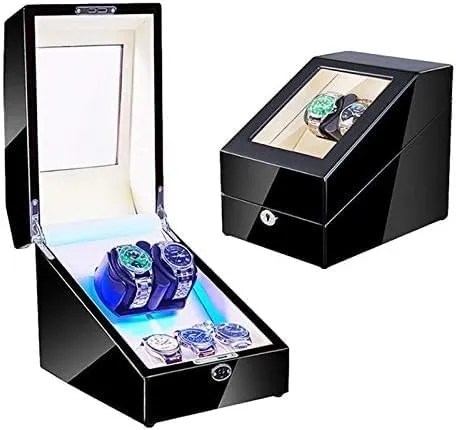 Mechanical Watch Shaker Automatic Watch Winder with LED Light Soft Flexible Watch Pillow AC Adapter and Battery Powered Quiet Motor 4 Rotation Modes (