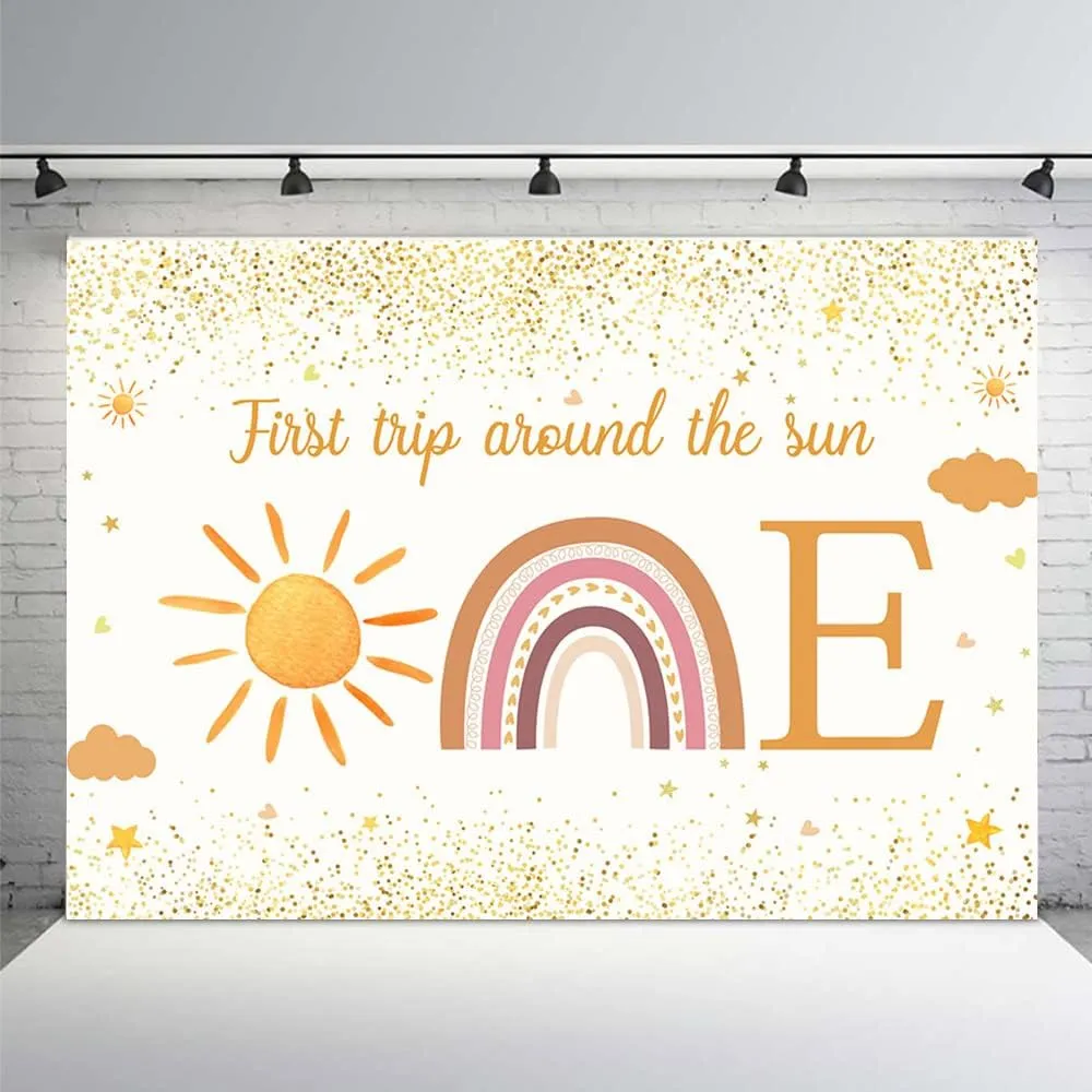 MEHOFOND 7x5ft First Trip Around The Sun Backdrop for 1st Birthday Party Decorations Supplies Boho Sun 1st Birthday Banner Photography Background Party Decor