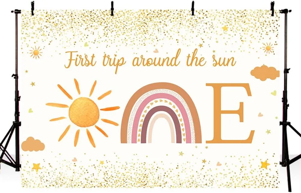 MEHOFOND 7x5ft First Trip Around The Sun Backdrop for 1st Birthday Party Decorations Supplies Boho Sun 1st Birthday Banner Photography Background Party Decor