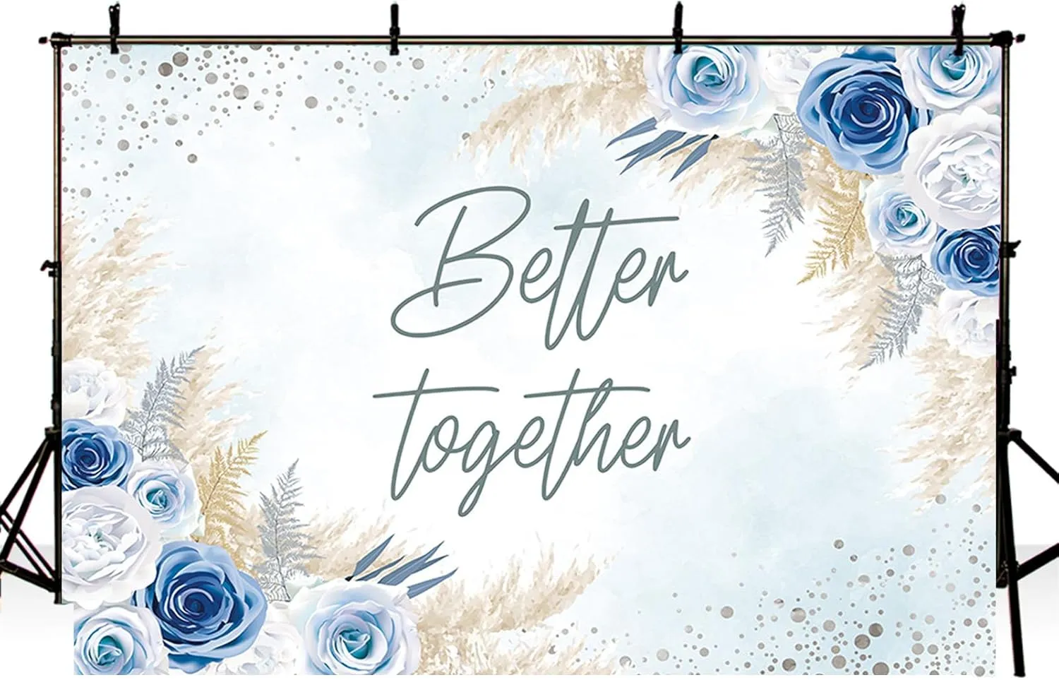 MEHOFOND 8x6ft Better Together Backdrop Boho Bridal Shower Wedding Party Decorations Banner Bohemia Blue White Floral Pampas Grass Photography Background Cake Table Supplies Photo Shoot Props
