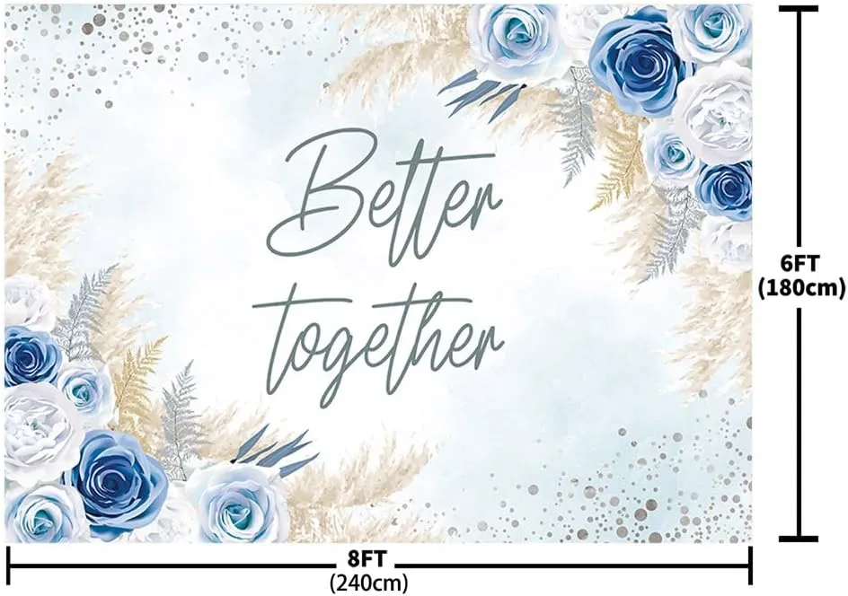 MEHOFOND 8x6ft Better Together Backdrop Boho Bridal Shower Wedding Party Decorations Banner Bohemia Blue White Floral Pampas Grass Photography Background Cake Table Supplies Photo Shoot Props