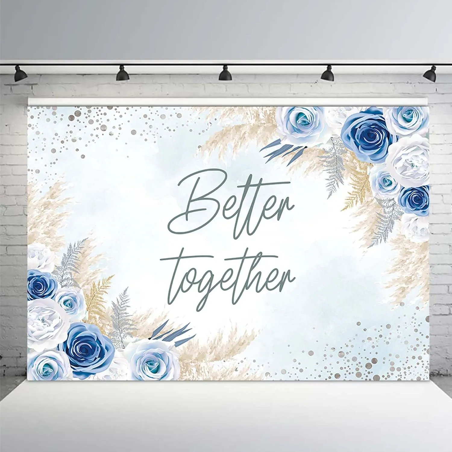 MEHOFOND 8x6ft Better Together Backdrop Boho Bridal Shower Wedding Party Decorations Banner Bohemia Blue White Floral Pampas Grass Photography Background Cake Table Supplies Photo Shoot Props
