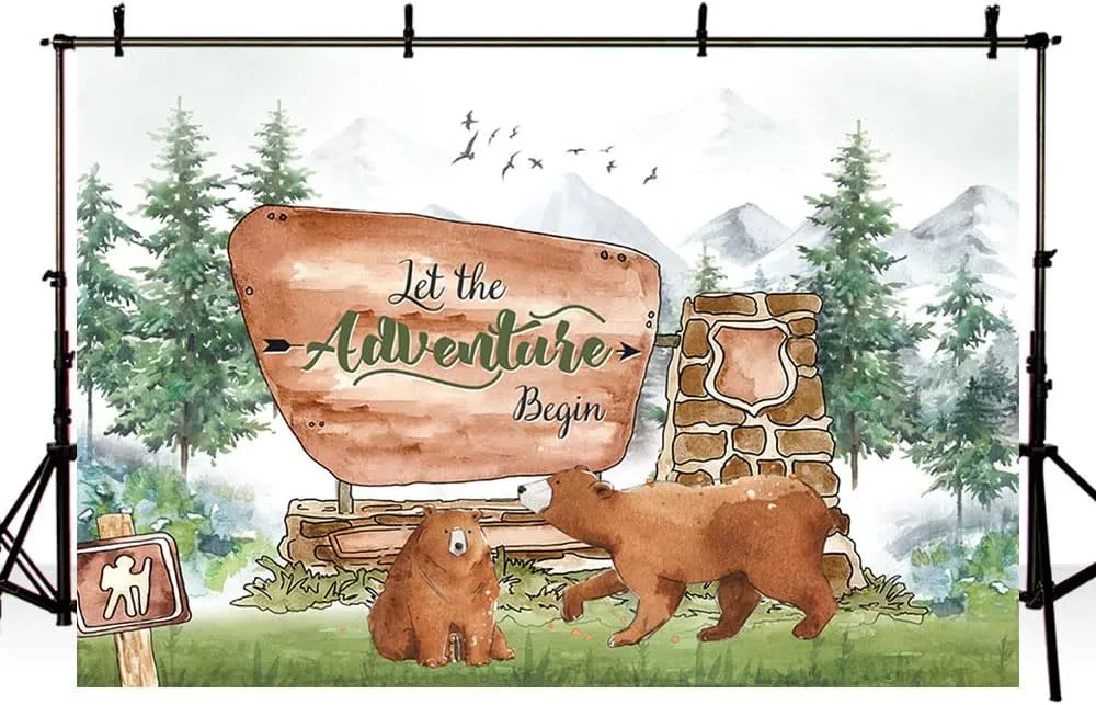MEHOFOND Baby Shower Backdrop - Adventure Awaits Pine Tree Mountain Wilderness Brown Bear Background Woodland Friends Party Decor Banner for Photography Photo Booth Props Vinyl 8x6ft