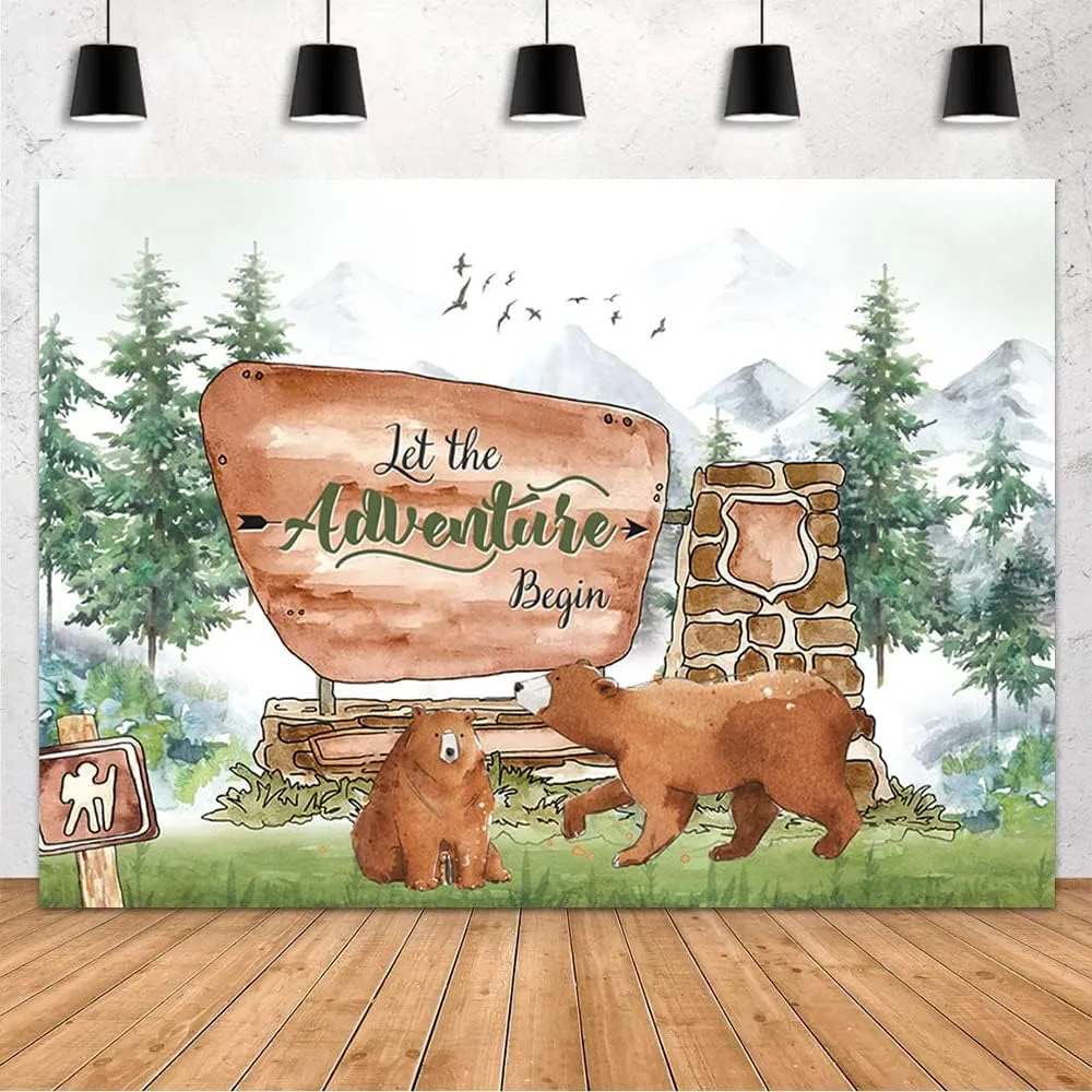 MEHOFOND Baby Shower Backdrop - Adventure Awaits Pine Tree Mountain Wilderness Brown Bear Background Woodland Friends Party Decor Banner for Photography Photo Booth Props Vinyl 8x6ft