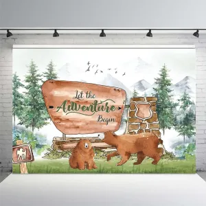 MEHOFOND Baby Shower Backdrop - Adventure Awaits Pine Tree Mountain Wilderness Brown Bear Background Woodland Friends Party Decor Banner for Photography Photo Booth Props Vinyl 8x6ft
